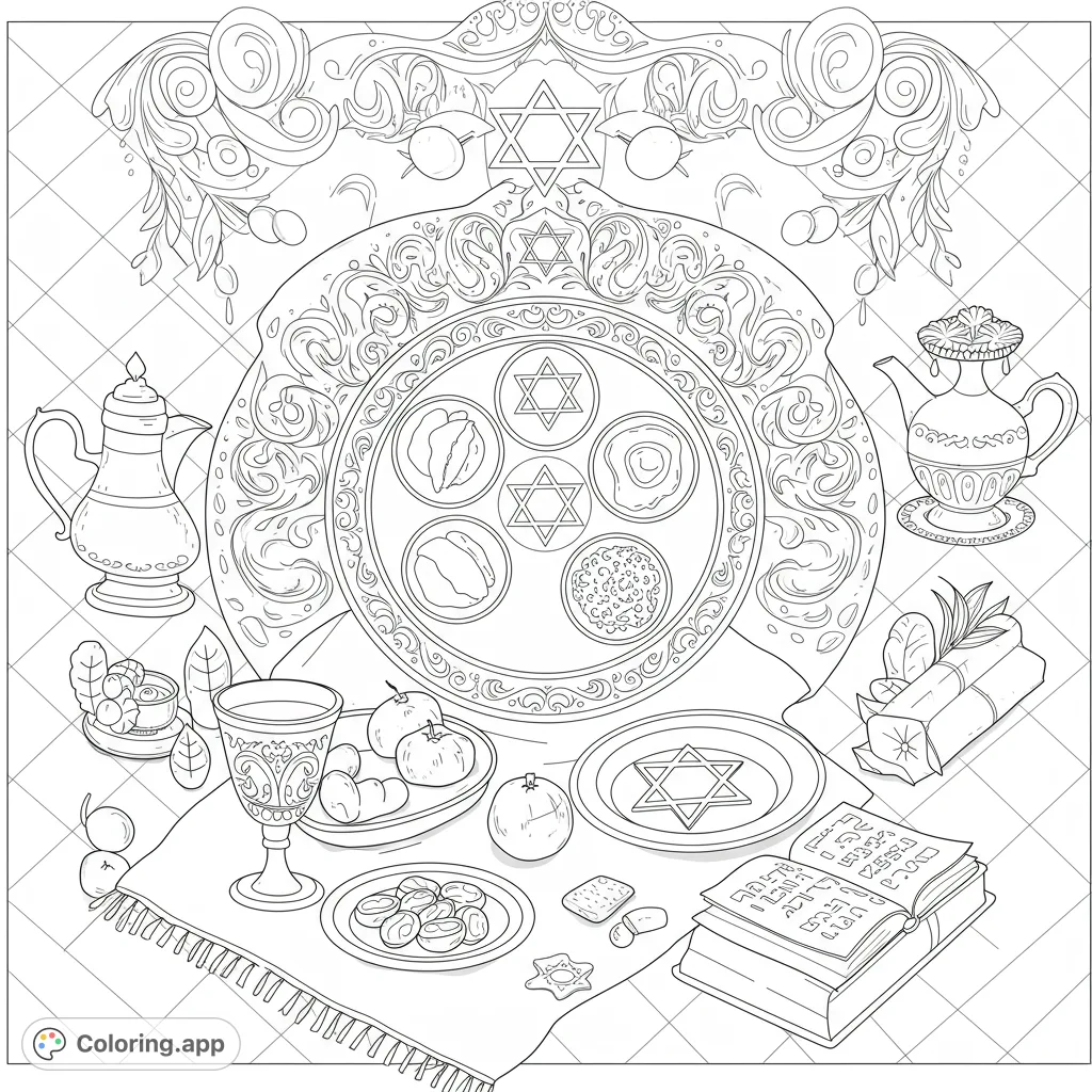 Celebrate Passover with this intricate Seder table coloring page. Features a detailed Seder plate, Kiddush cup, matzah, and festive decor.