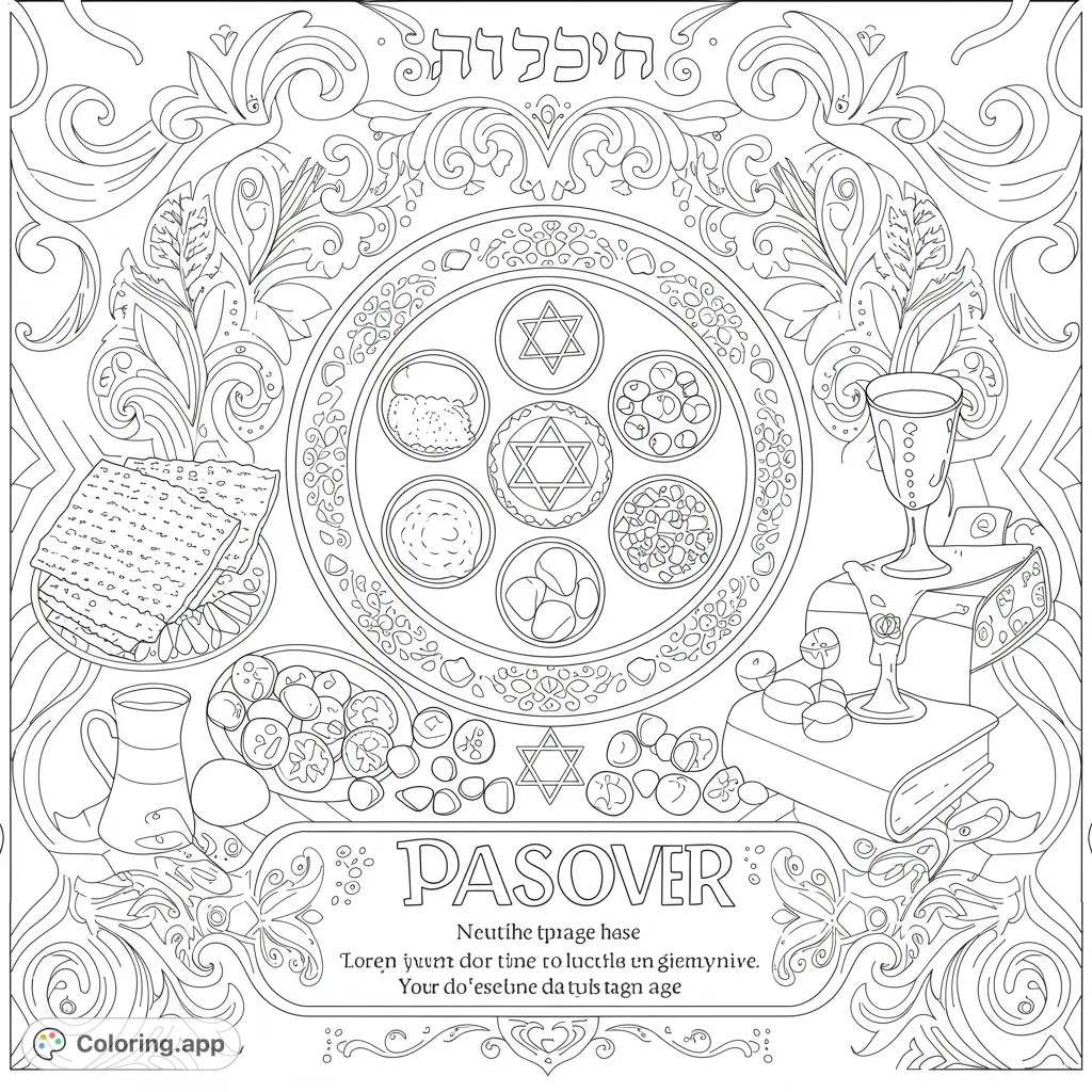Intricate Passover Seder table with symbolic foods, matzah, and Kiddush cup, framed by elegant scrollwork. A detailed Jewish holiday coloring page.