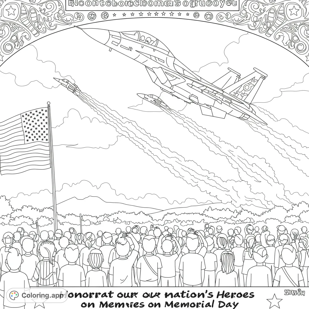 Dynamic patriotic coloring page featuring military jets flying over a crowd with an American flag. Perfect for celebrating national pride.