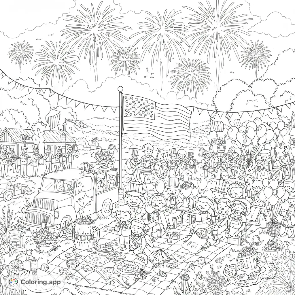 A vibrant patriotic celebration with fireworks, a parade, and a lively picnic, perfect for a festive coloring experience.