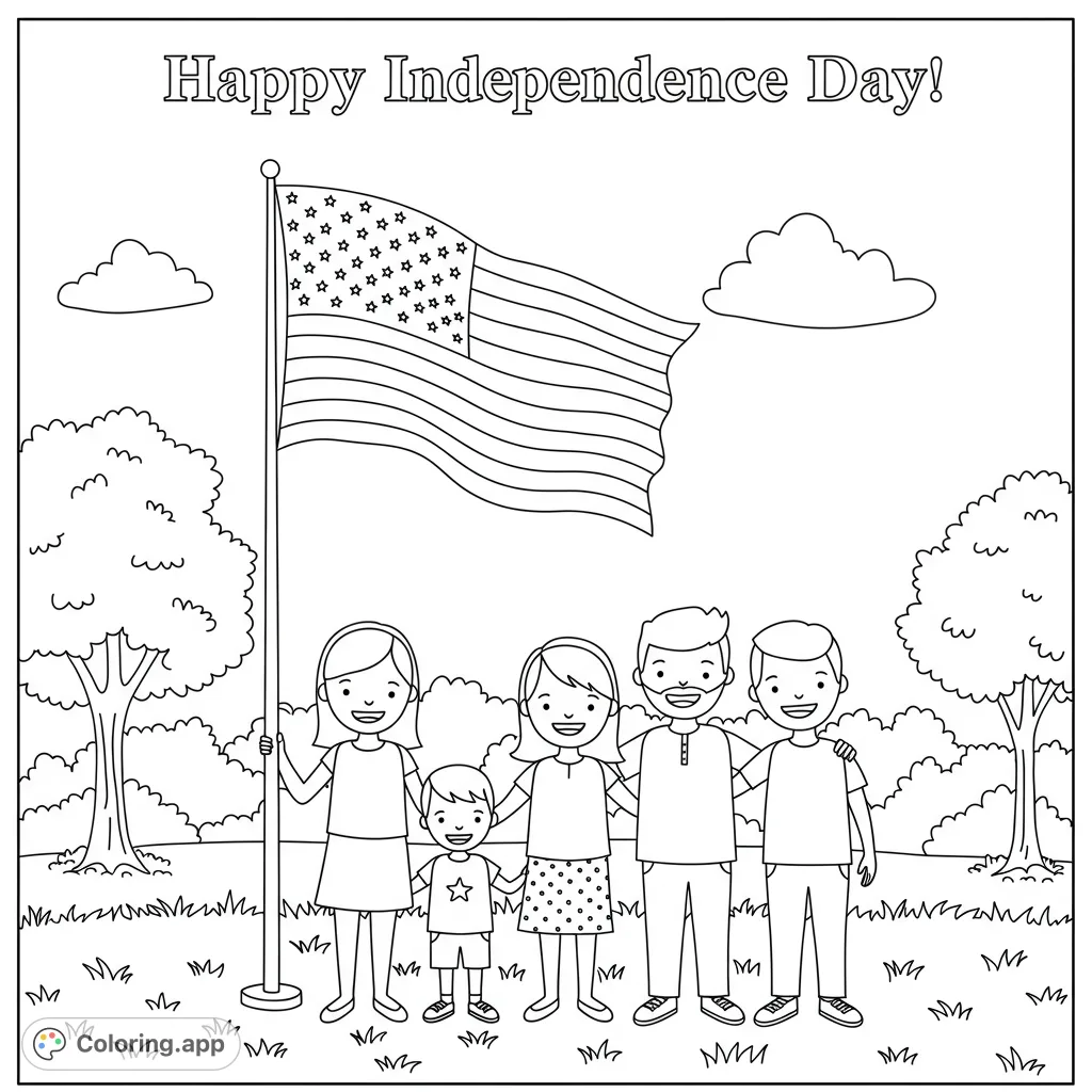 Celebrate patriotism with this free printable patriotic family coloring page featuring a smiling family and a large American flag, perfect for all ages.