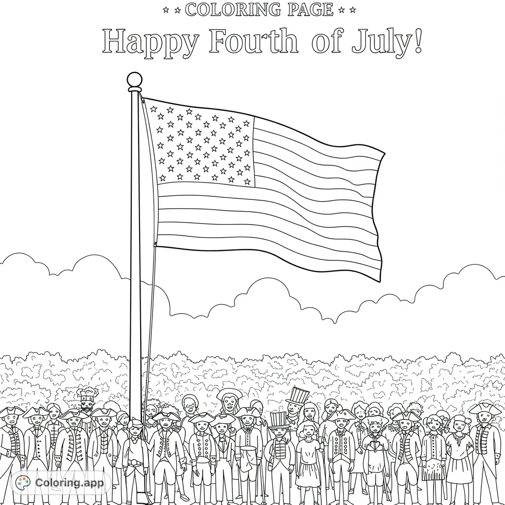 Celebrate history with this patriotic Fourth of July coloring page featuring a waving American flag and a crowd in colonial attire. Free printable fun!