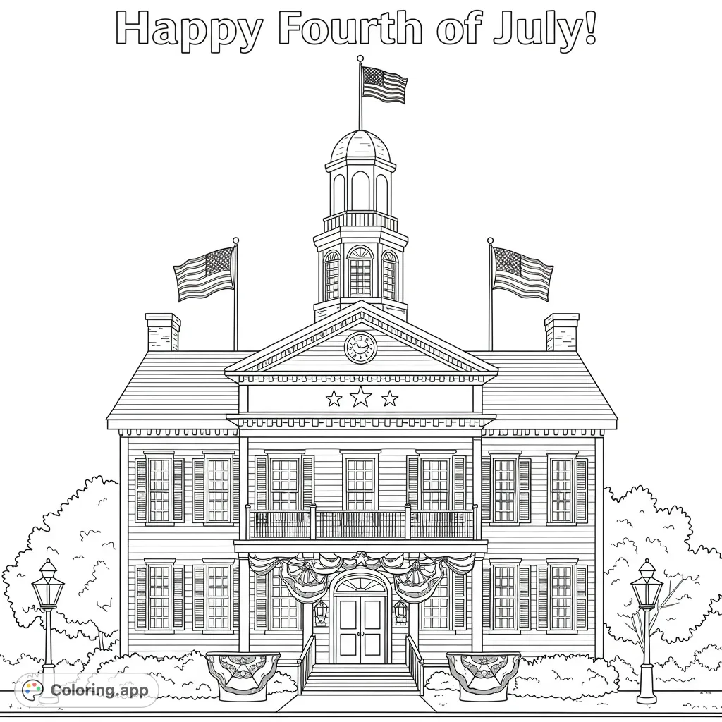 A grand historic building adorned with American flags and festive bunting, perfect for a patriotic Fourth of July coloring page.