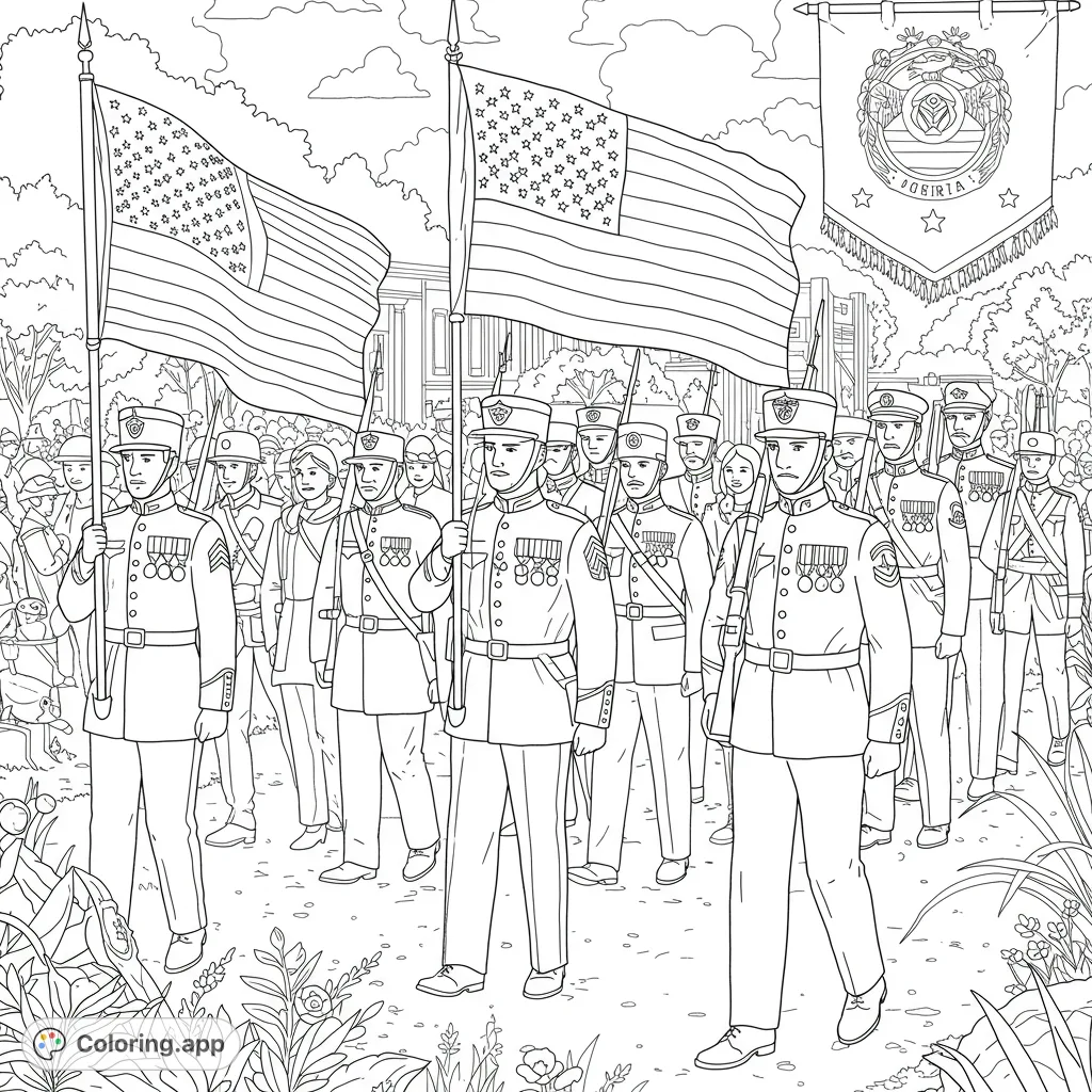 A detailed patriotic military parade coloring page featuring soldiers in uniform marching with American flags and a ceremonial banner, perfect for history enthusiasts.