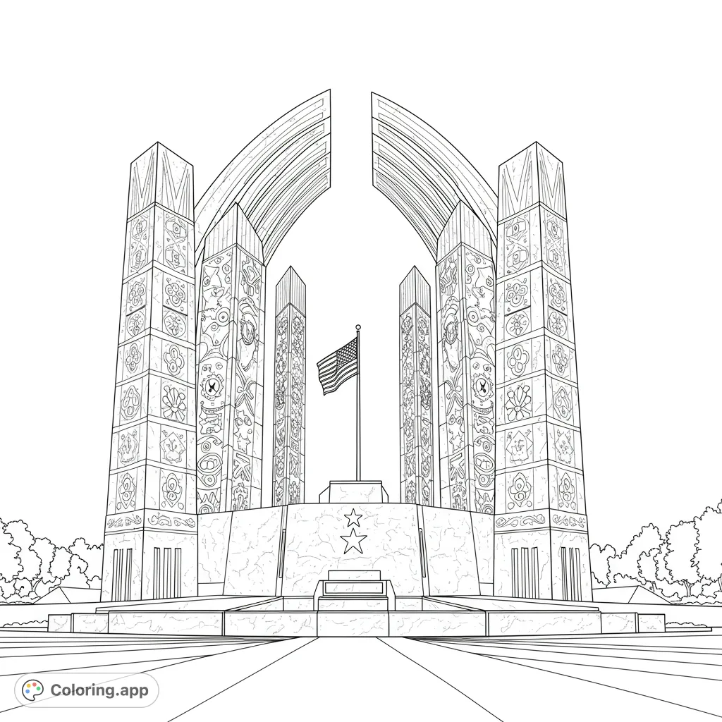 Detailed patriotic monument coloring page featuring an American flag, intricate pillars, and grand arches. A free printable design for all ages.