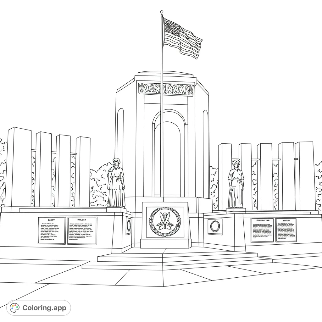 A grand patriotic monument featuring an American flag, statues, and detailed architecture. A free printable coloring page for all ages.