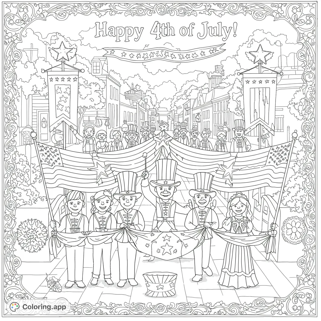 Celebrate freedom with this detailed 4th of July parade coloring page! Features a festive street scene with people, flags, and patriotic banners. A free printable coloring page for kids and adults.