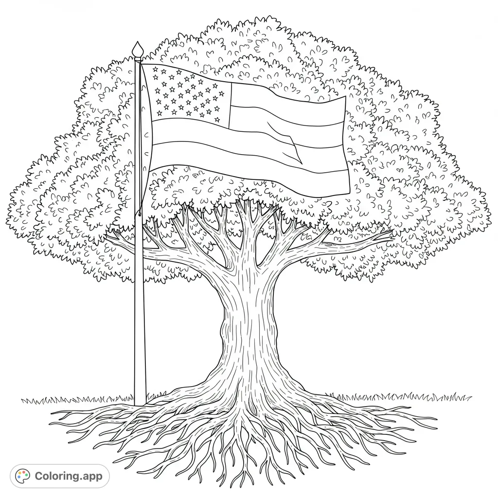 A powerful tree with intricate roots and a waving American flag, perfect for a patriotic coloring page. Celebrate freedom and nature with this free printable.