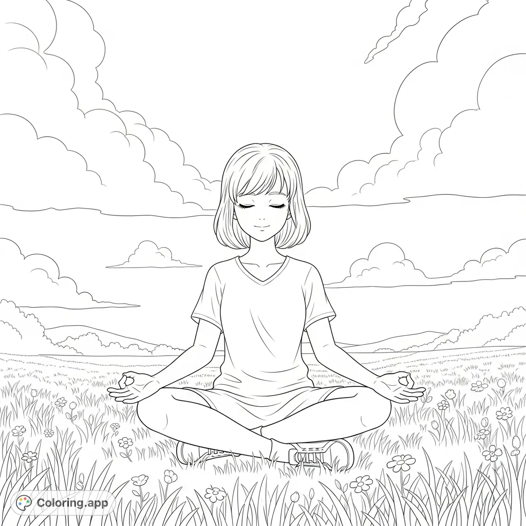 An anime girl meditates serenely in a tranquil meadow under soft, puffy clouds, offering a calm scene for mindful coloring and relaxation.