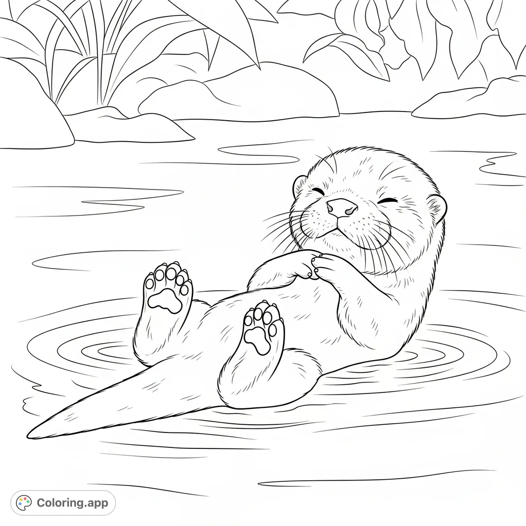 A serene baby otter peacefully floats on its back in calm water, with tiny paws clasped on its chest, surrounded by gentle ripples and soft riverbank foliage.