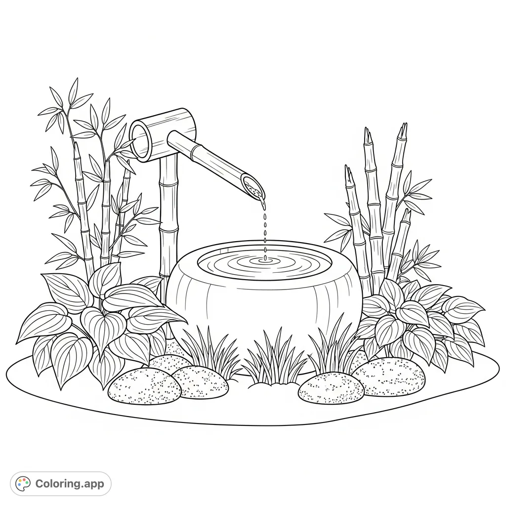 Experience tranquility with this detailed coloring page featuring a traditional bamboo shishi-odoshi water feature, a smooth stone basin, and lush garden plants.