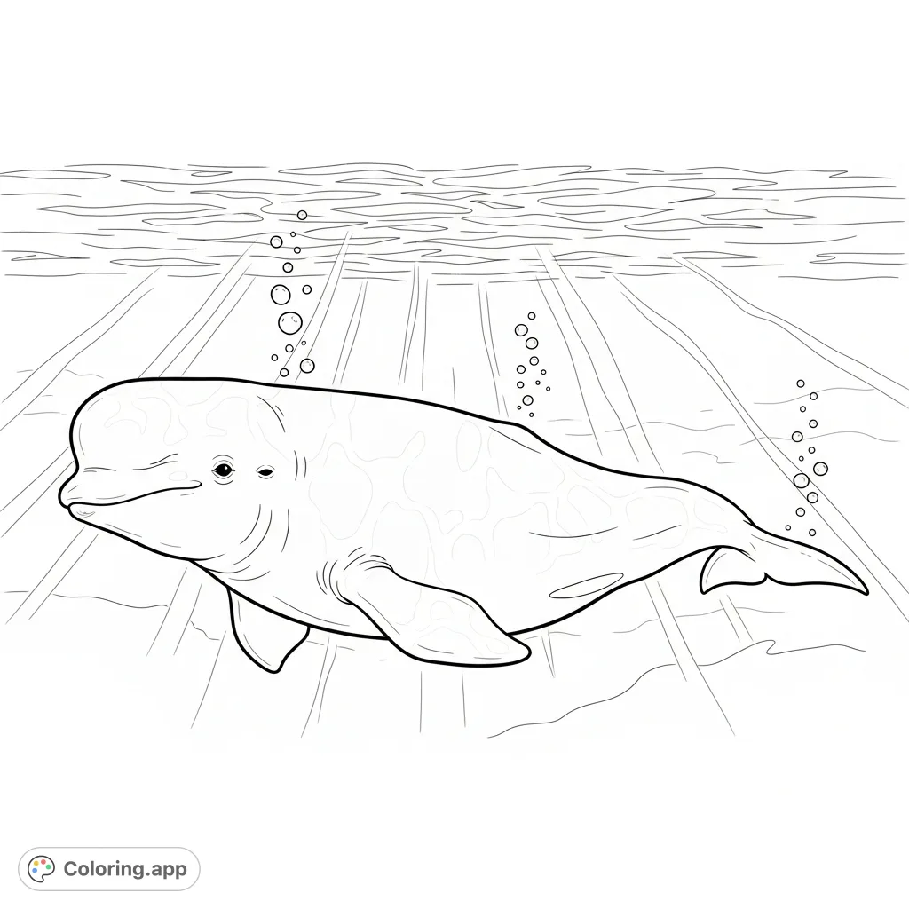 Dive into the calm with a beluga whale coloring page. Capture its gentle smile and the tranquil underwater world. Perfect for all ages.