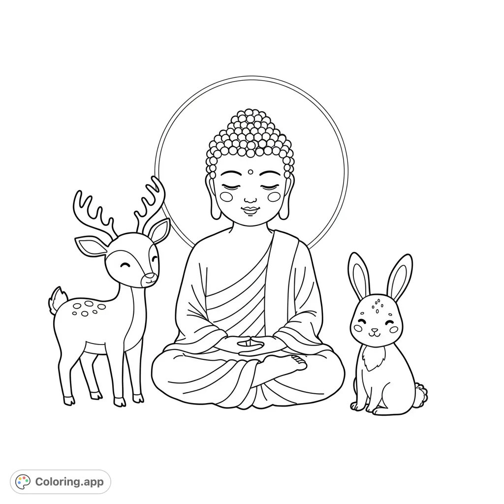 A serene Buddha meditating with a gentle deer and a cute rabbit, perfect for a peaceful coloring experience. A free printable spiritual coloring page.