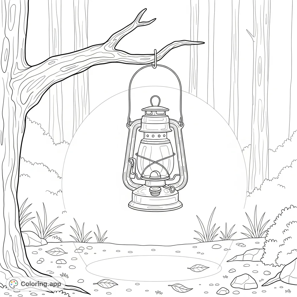 A rustic camp lantern hangs from a sturdy tree branch in a peaceful natural setting, casting a gentle illumination. Ideal for calm, reflective coloring.