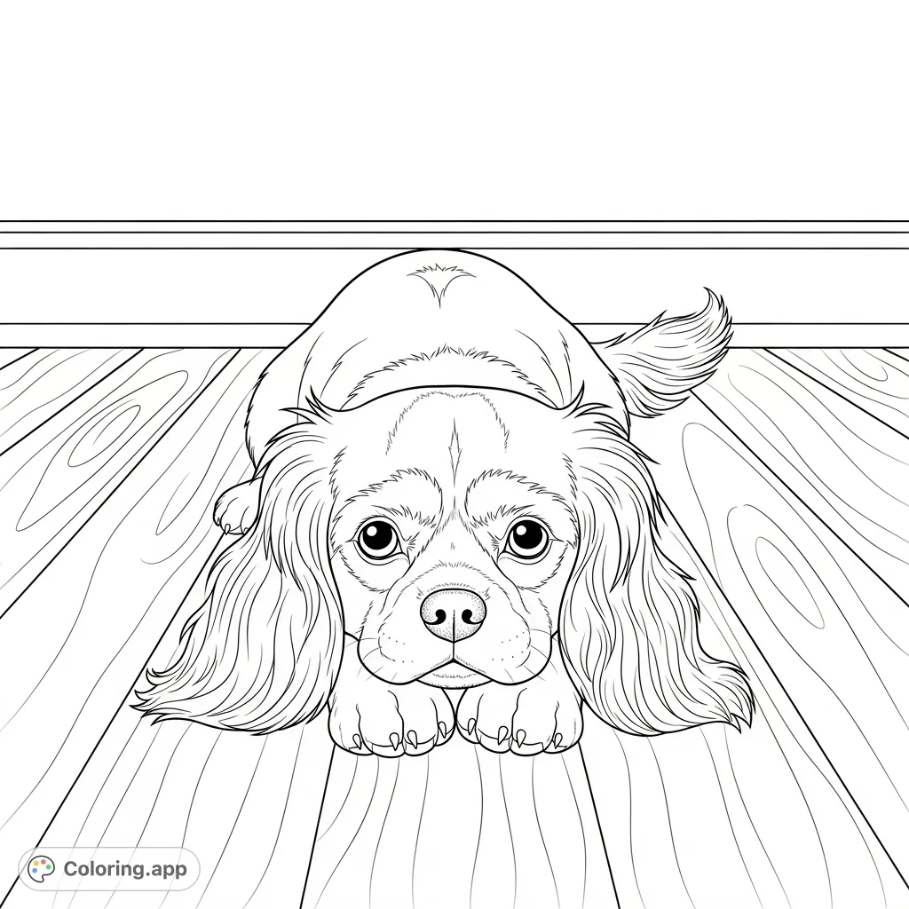 A charming Cavalier King Charles Spaniel peacefully rests on a simplified porch, chin on paws, offering a relaxing coloring experience.