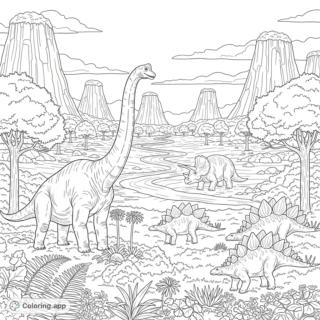 Explore a tranquil prehistoric valley. Large Brachiosaurus, Stegosaurus, and Triceratops graze among lush ferns and ancient trees by a winding river.