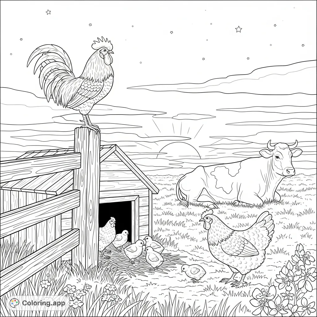 A serene farm scene featuring a proud rooster, a mother hen with chicks, and a calm cow under a fading sky with twinkling stars. Perfect for relaxation!