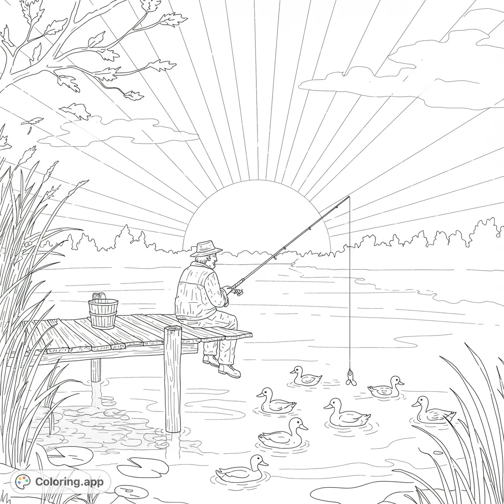 A tranquil fishing scene featuring an elderly man on a dock, surrounded by ducks and a radiant sunset. Perfect for a relaxing coloring experience.