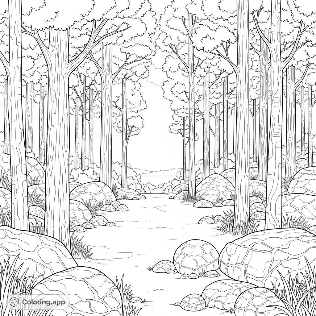 A serene forest clearing with large, textured boulders and towering trees creating a natural enclosure. A faint horizon line suggests a vast, tranquil landscape.
