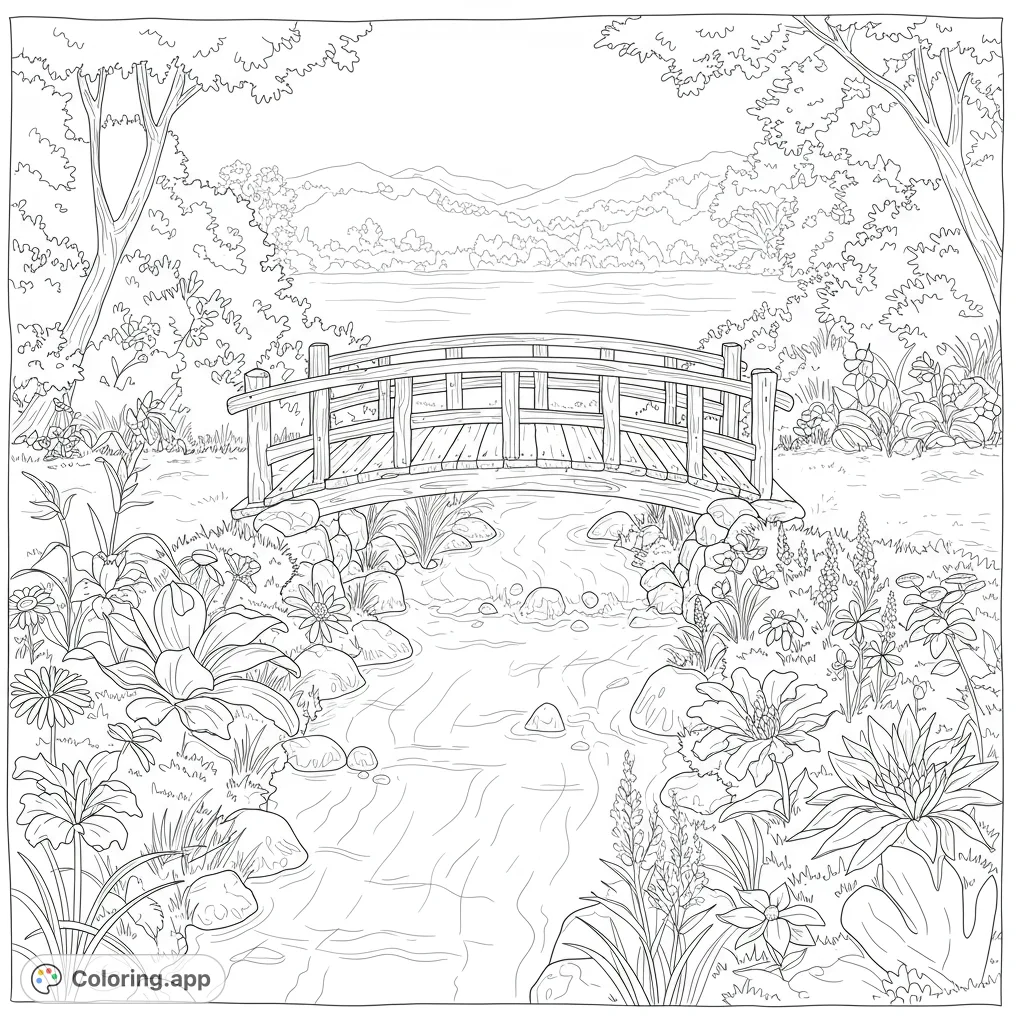 Discover a tranquil nature scene with a charming wooden bridge over a flowing stream, surrounded by lush flowers and distant mountains. A free printable nature coloring page.
