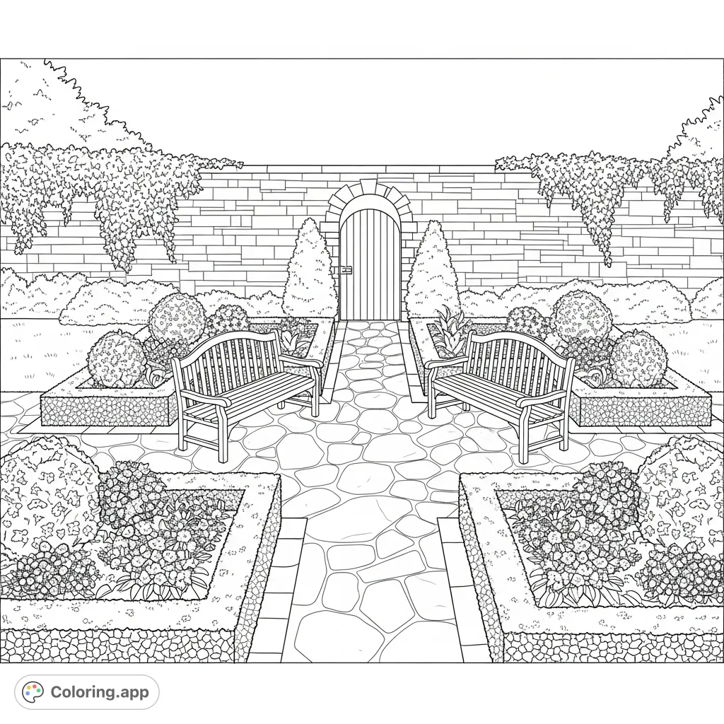 A tranquil garden courtyard with inviting benches, sculpted hedges, and classic brick walls, perfect for a relaxing coloring escape.