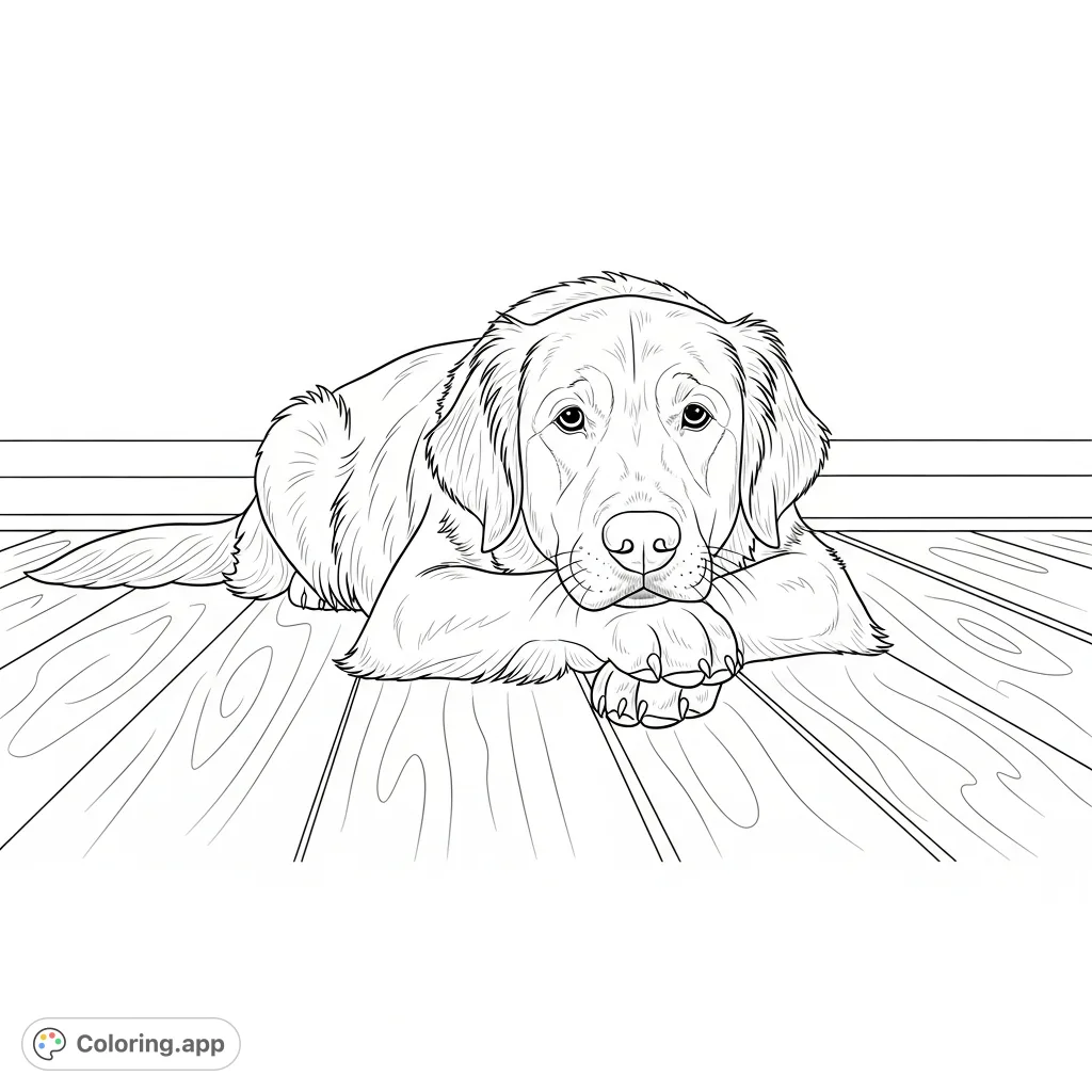 A heartwarming coloring page featuring a peaceful golden retriever resting with its chin on its paws on a rustic wooden porch. Perfect for dog lovers!