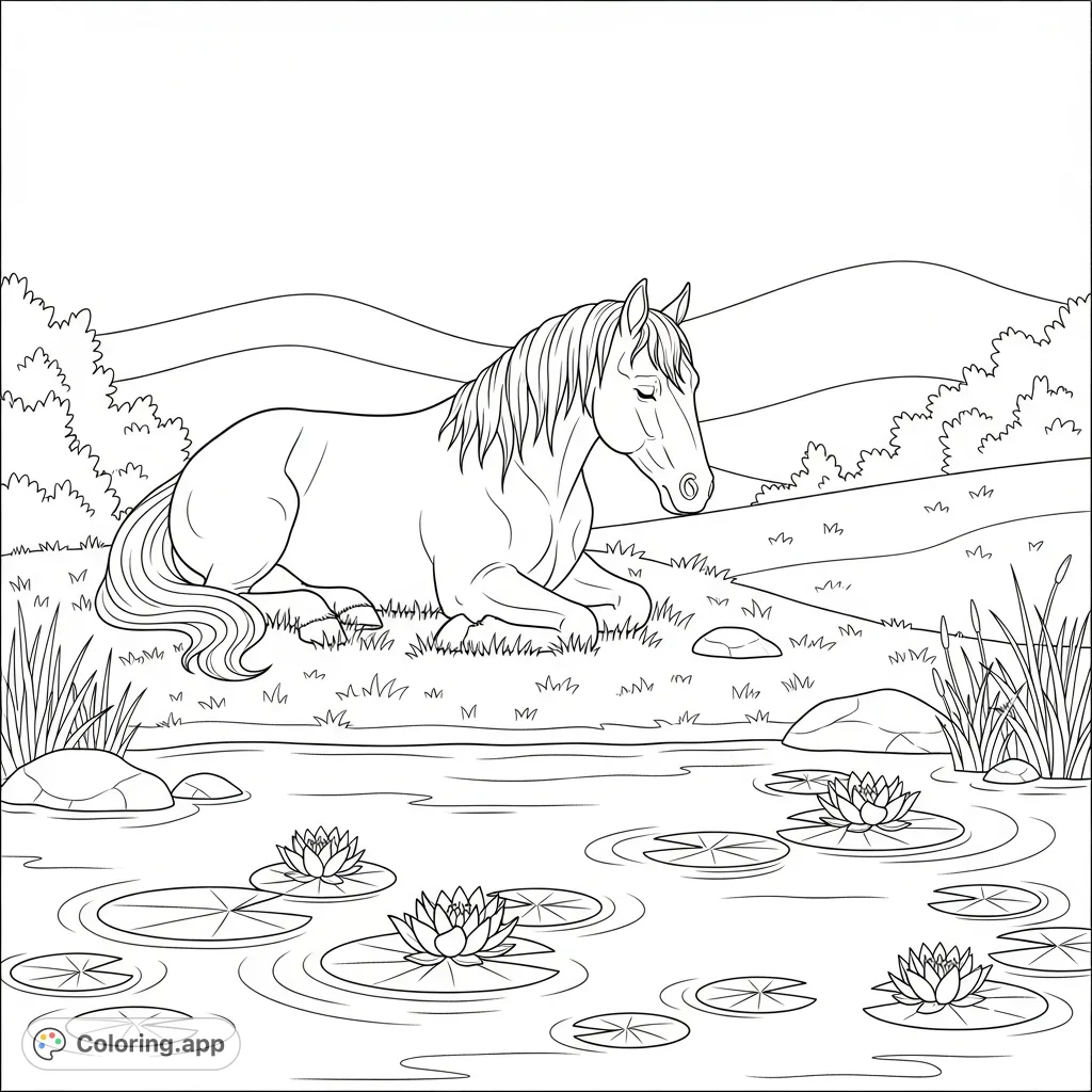 A beautiful coloring page featuring a horse resting by a tranquil pond adorned with lily pads and flowers, surrounded by soft natural elements.