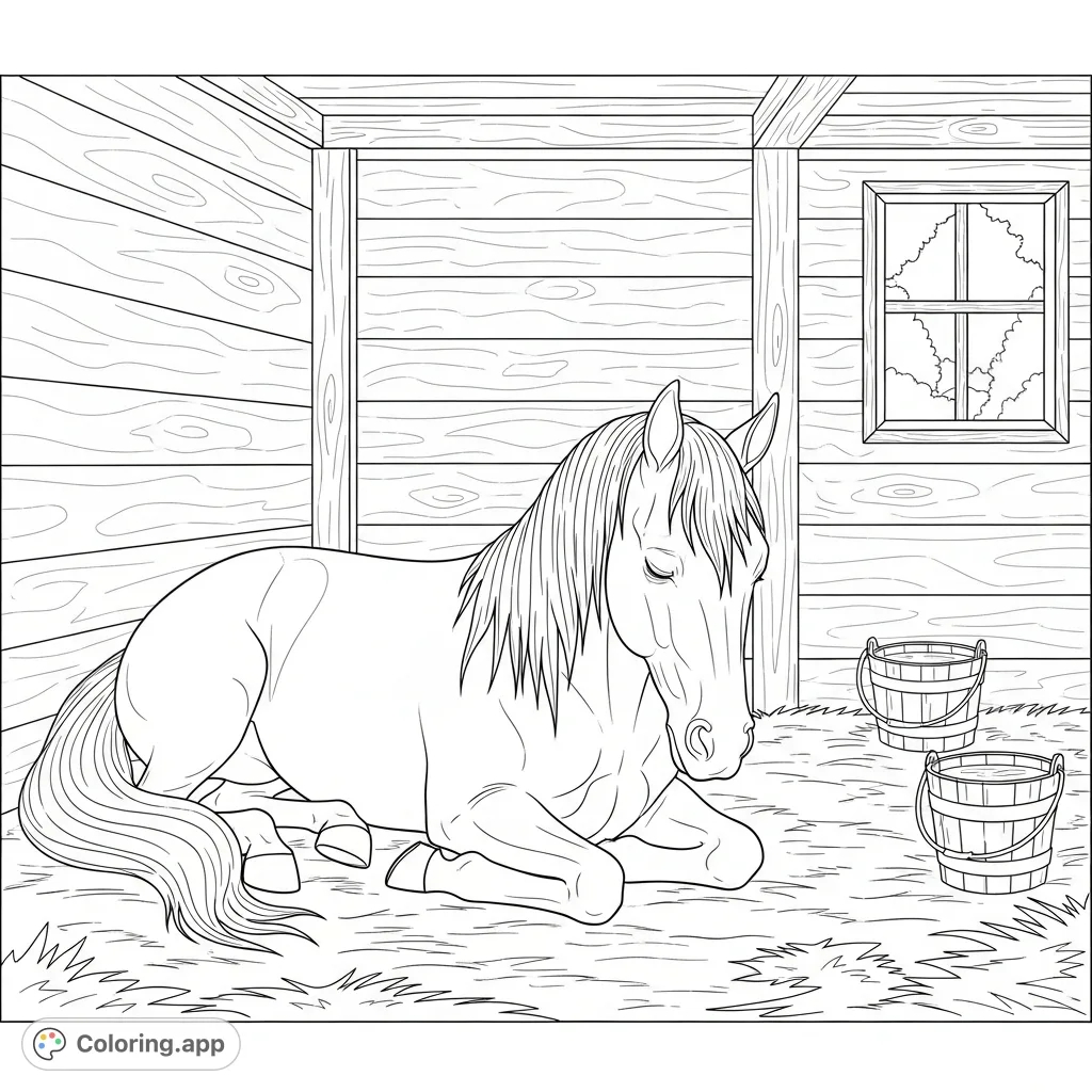 A serene coloring page featuring a majestic horse resting peacefully in a rustic stable stall, surrounded by hay and wooden textures. Perfect for relaxation.
