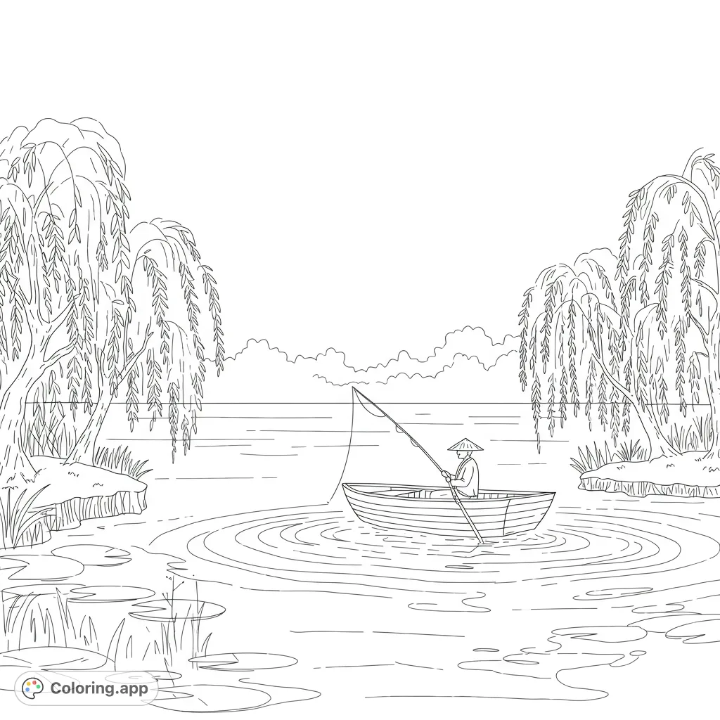 A serene fishing scene coloring page featuring a person in a boat on a calm lake, surrounded by graceful weeping willows and lily pads. Perfect for relaxation.