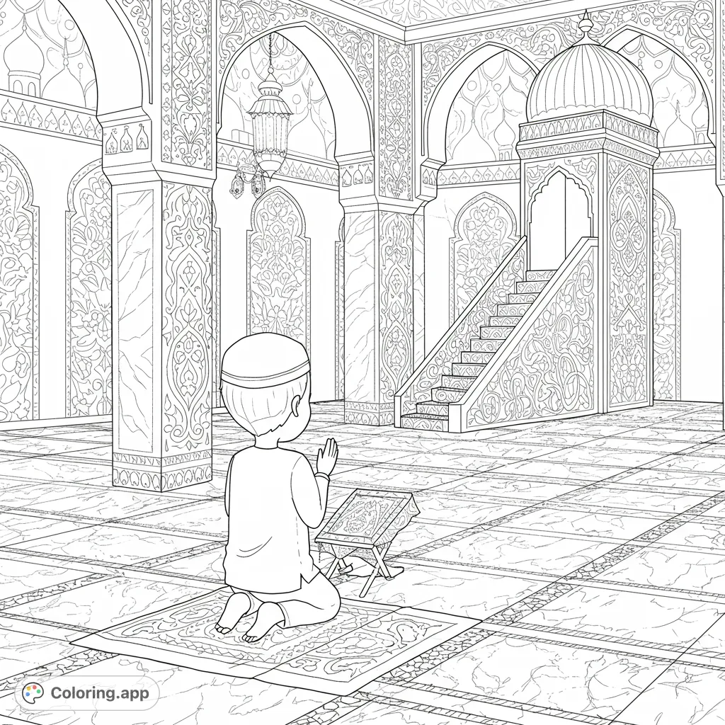 A serene Islamic prayer scene featuring a boy kneeling on a prayer rug in a grand mosque, surrounded by intricate architectural details and patterns.