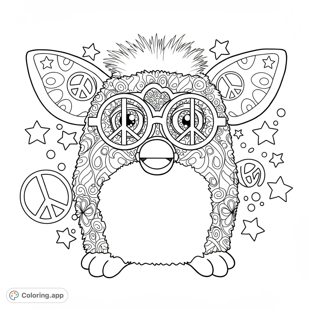 A whimsical, patterned creature wearing peace sign glasses, surrounded by stars and peace symbols. A fun, intricate hippie creature coloring page.