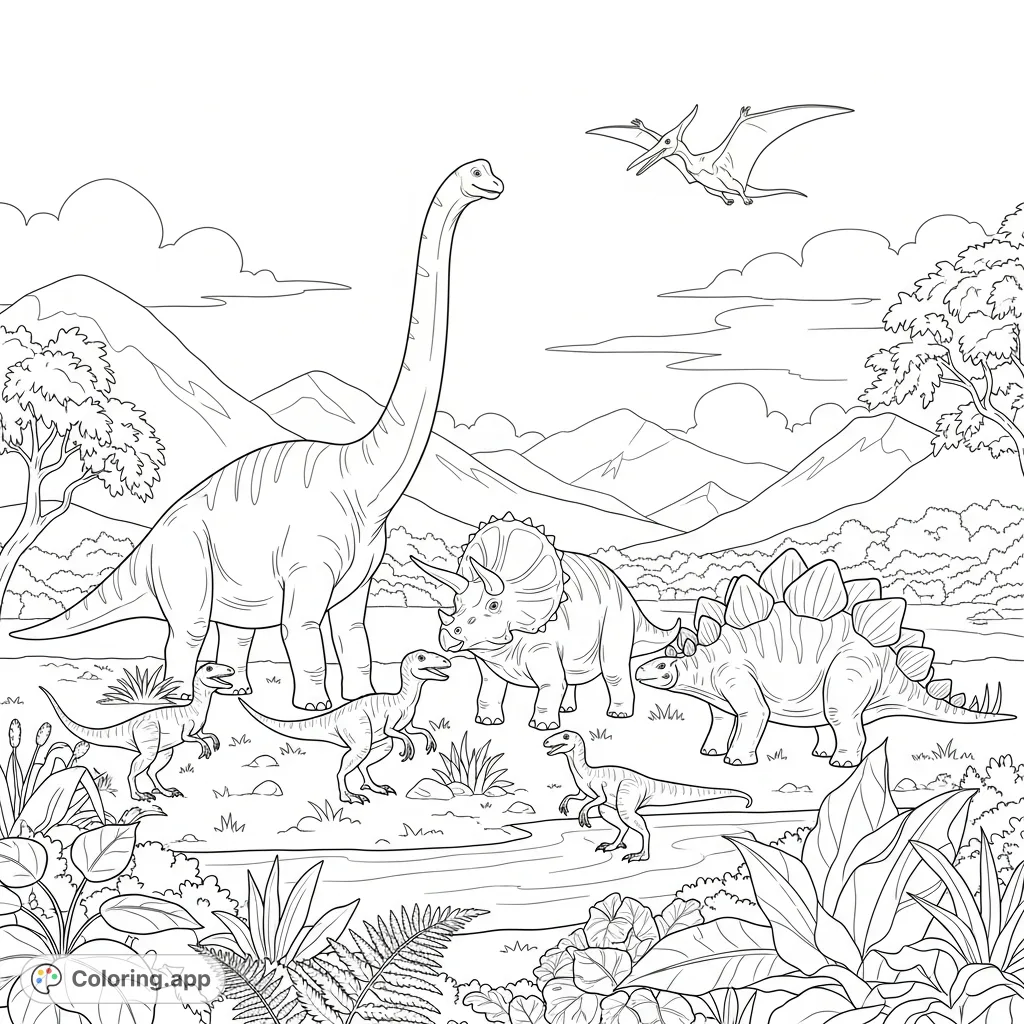 Explore a majestic prehistoric valley bustling with diverse, peacefully coexisting dinosaurs amidst lush plants and distant mountains. A captivating scene for all ages.