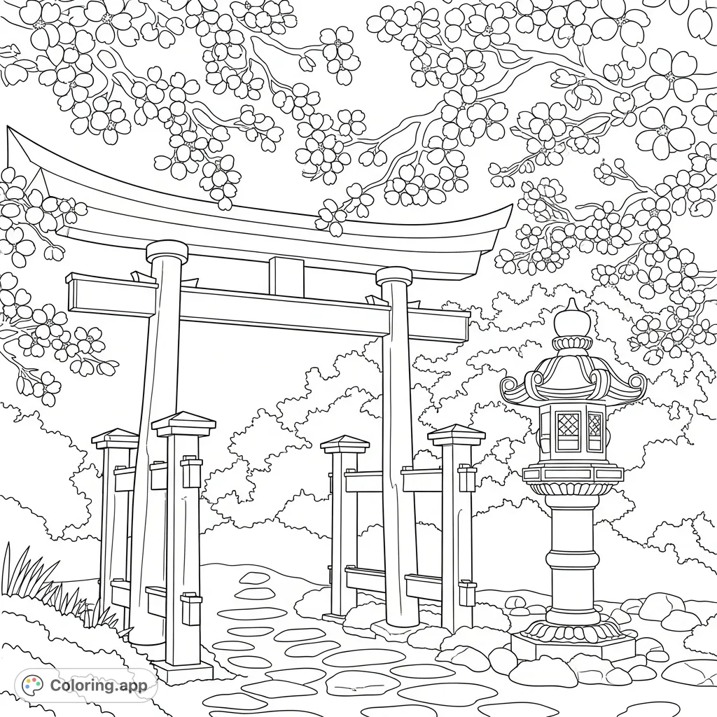Explore tranquility with this beautiful temple garden coloring page featuring a traditional torii gate, stone lantern, and delicate cherry blossoms.