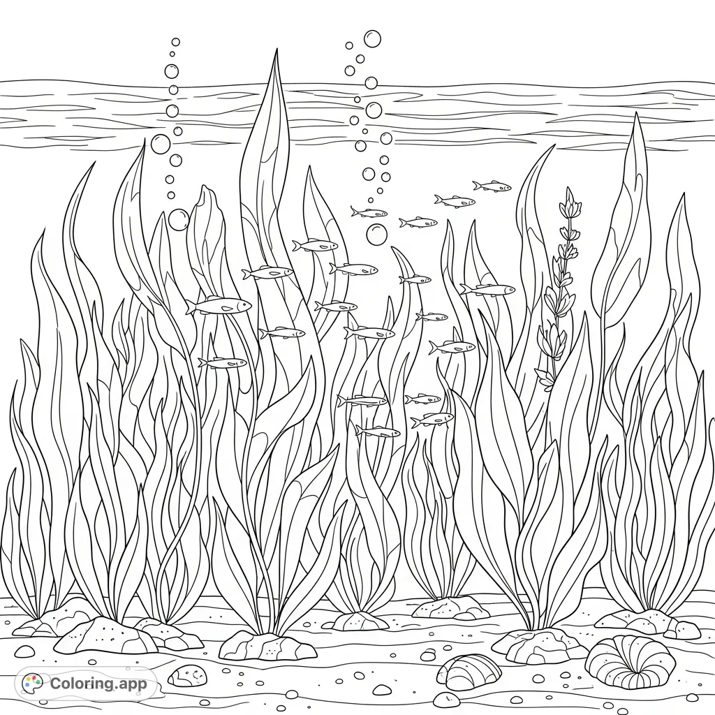 Dive into a tranquil underwater meadow. Tall, swaying aquatic plants and small fish create a serene, immersive scene. Perfect for relaxation and creative exploration.