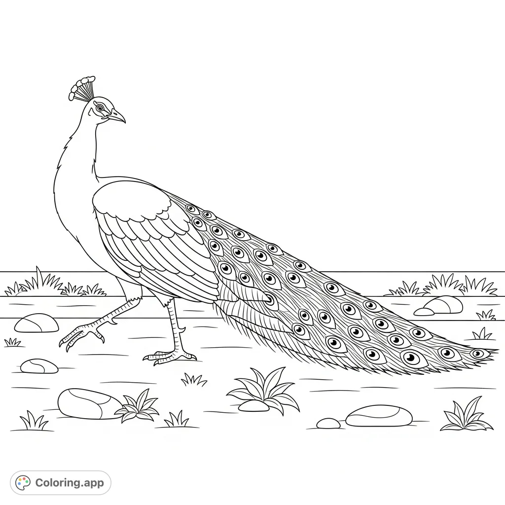 A graceful peacock with fanned tail feathers walks through a peaceful garden, featuring minimal stones and leafy accents. Perfect for all ages!