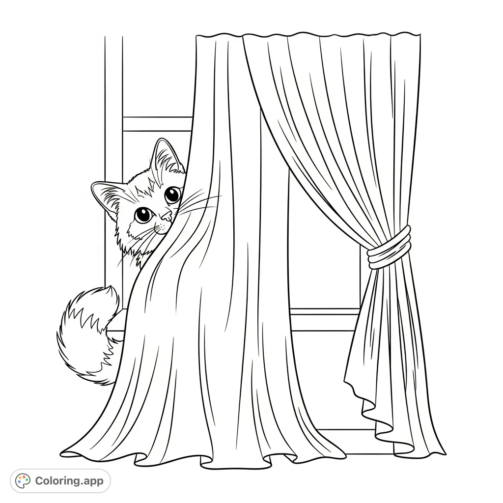 A charming coloring page featuring a fluffy cat playfully peeking from behind a curtain, with curious eyes and a visible tail. A delightful scene.