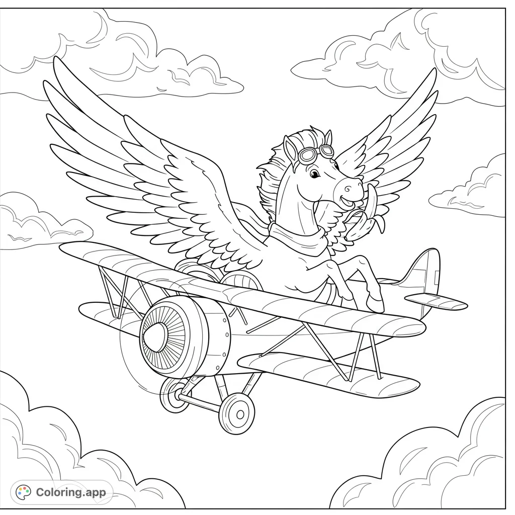 Whimsical Pegasus pilot on a vintage biplane soaring through clouds. A free printable coloring page for kids and adults, perfect for imaginative fun.