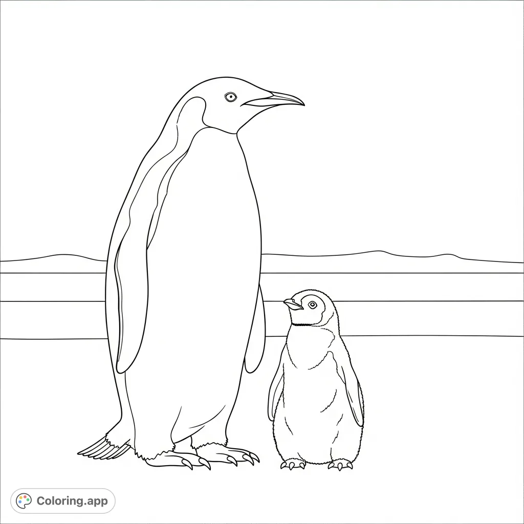 A heartwarming coloring page featuring an adult penguin and its fluffy chick standing together. A simple, expansive background provides a peaceful setting.