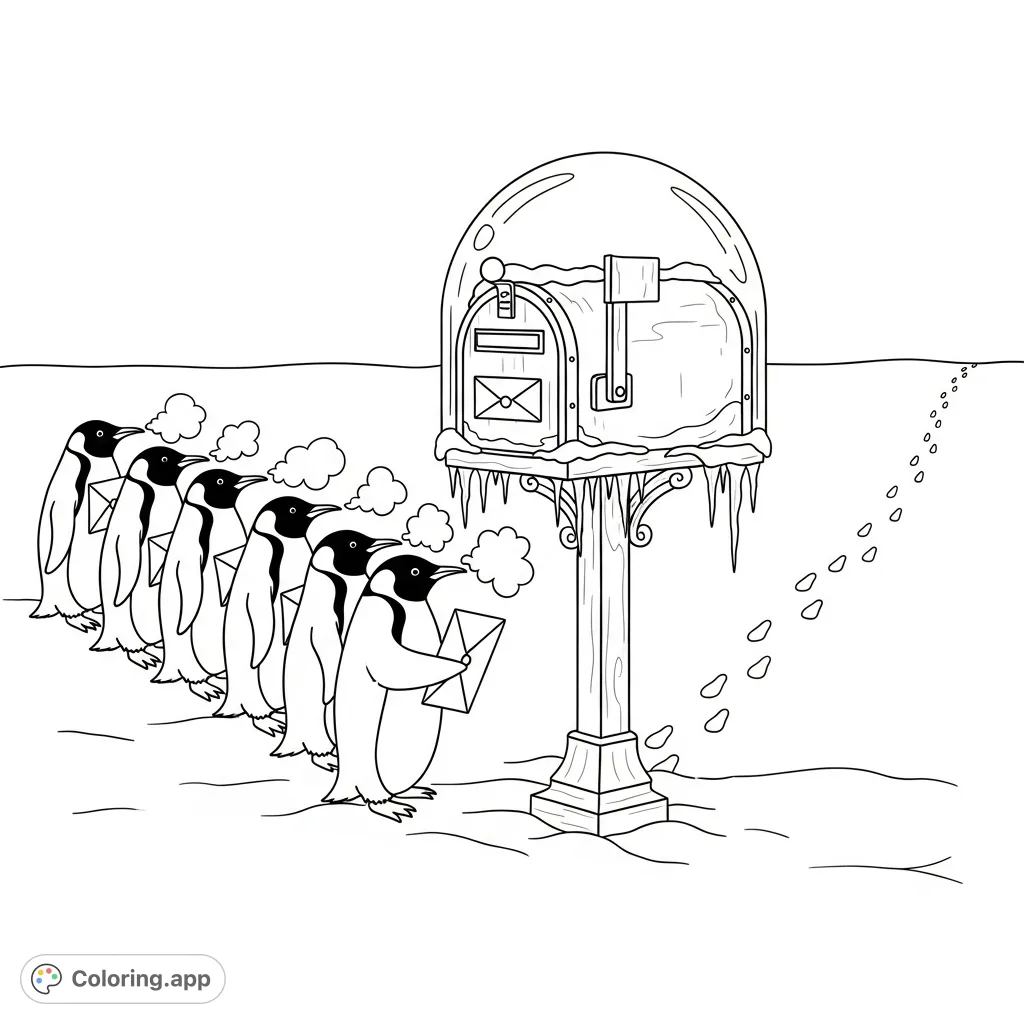 An enchanting scene featuring a line of penguins with letters at an ornate snow globe mailbox, complete with reindeer tracks in the snow. A delightful arctic adventure.