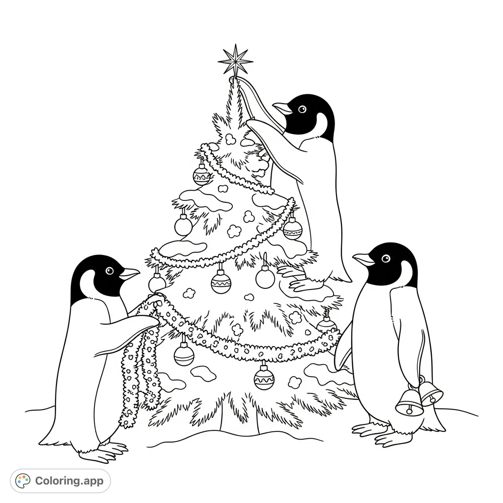A delightful penguin Christmas coloring page featuring a trio of cheerful penguins decorating a festive fir tree with ornaments and popcorn strands in a snowy setting.