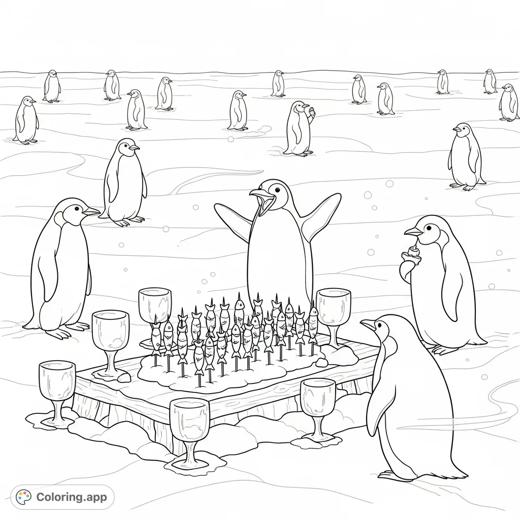 Dive into a charming penguin winter feast coloring page! Features delightful penguins enjoying skewers and ice goblets amidst fluttering snow.