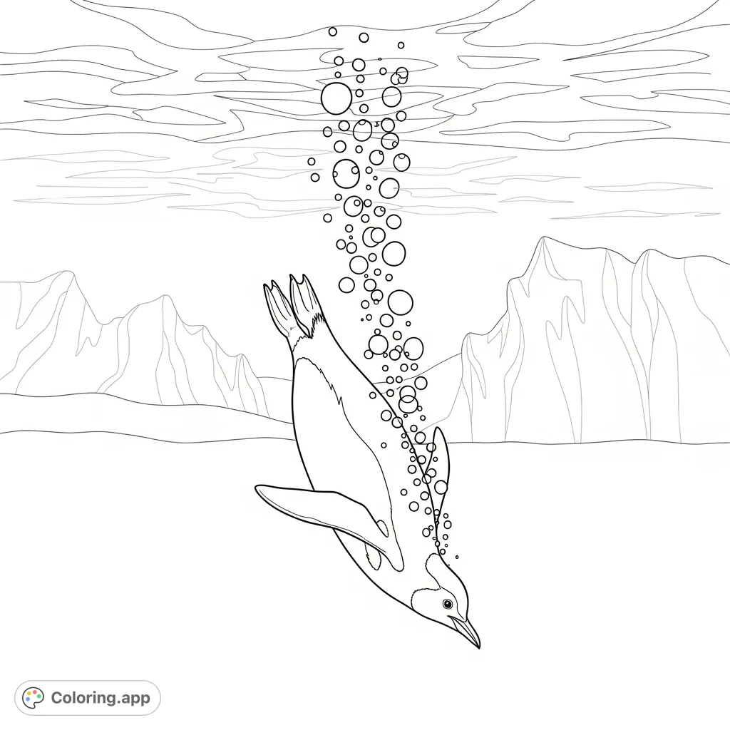 Capture a majestic penguin's underwater journey, trailed by bubbles, with distant ice formations. An arctic scene for all ages to color.