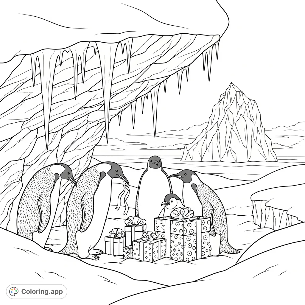 Discover charming emperor penguins gathered around mysterious wrapped gifts in a snowy crevice, with icicles and a distant iceberg under a twilight sky.