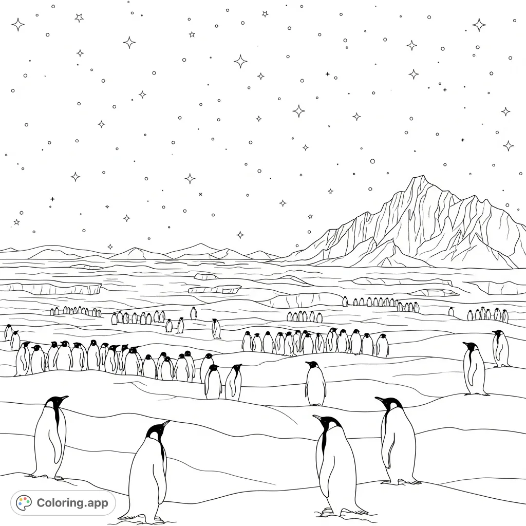 Explore a magical Antarctic scene featuring dozens of penguins under a twinkling starlit sky, set against majestic, jagged mountains. A delightful free printable coloring page.