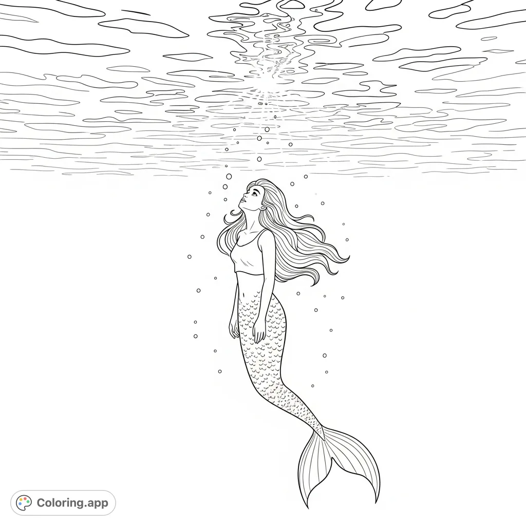 A pensive mermaid floats in the deep ocean, gazing up at the sparkling surface, surrounded by delicate plankton and her flowing hair.