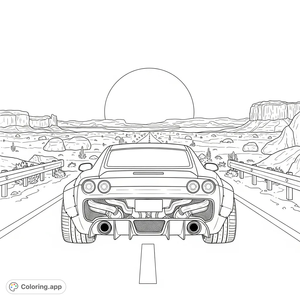 Experience the thrill of a wide performance car on a high-desert highway with a setting sun. A detailed scene for automotive enthusiasts to color.