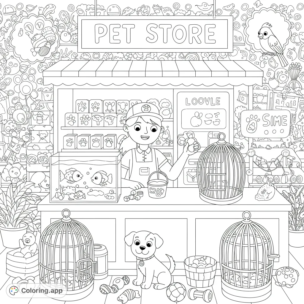 Explore a bustling pet store with a friendly employee, playful puppy, fish, and intricate details. A free printable pet store coloring page.