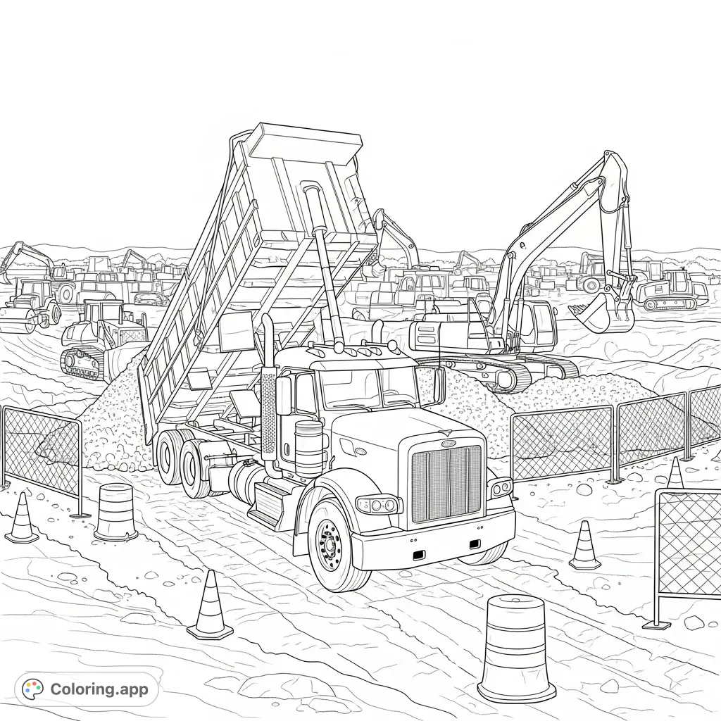 Unload creativity with this detailed Peterbilt dump truck coloring page. Features a robust truck, excavator, and other machinery on a busy construction site.