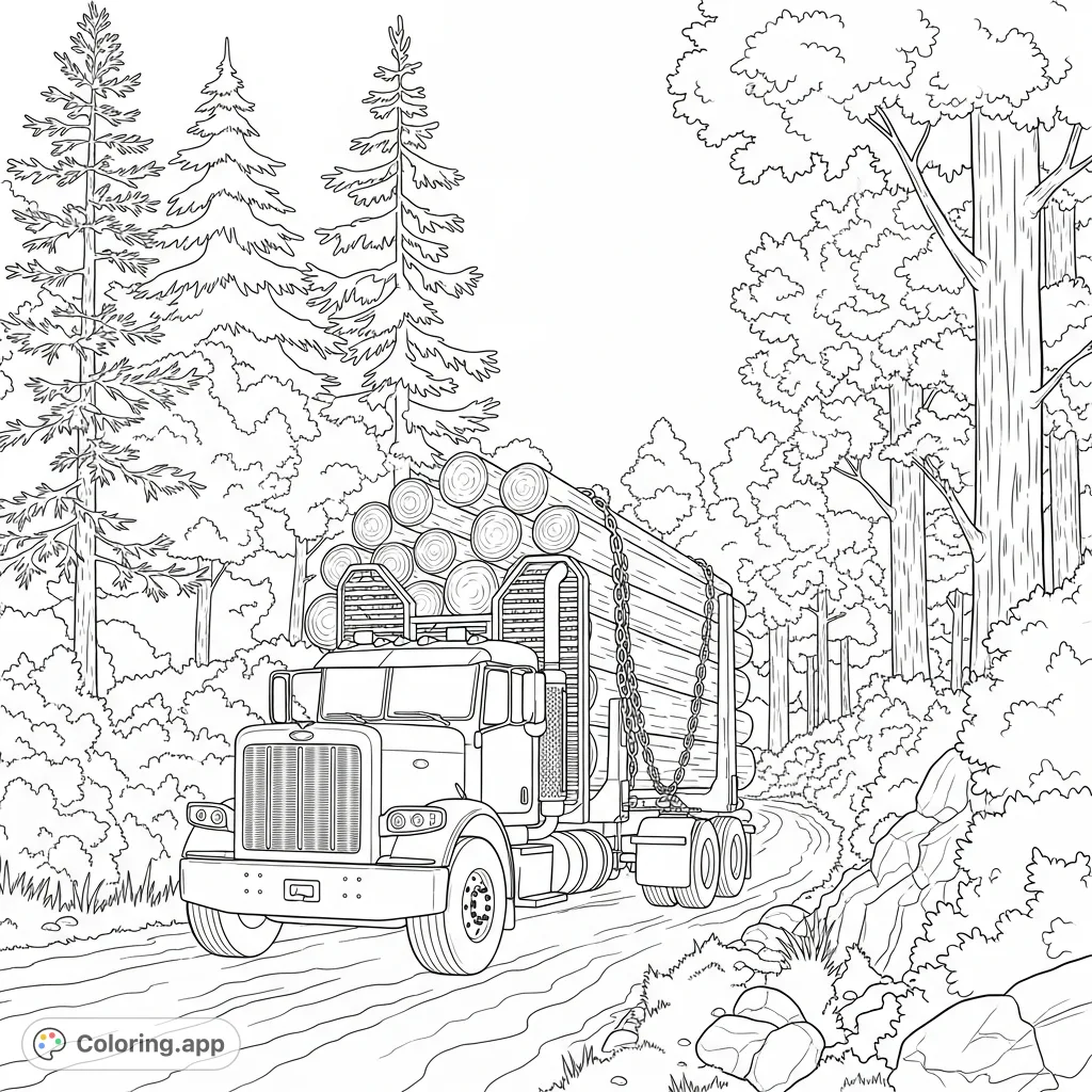 Navigate a detailed Peterbilt logging truck, laden with timber, along a rustic forest road. A challenging and rewarding heavy-duty vehicle scene.