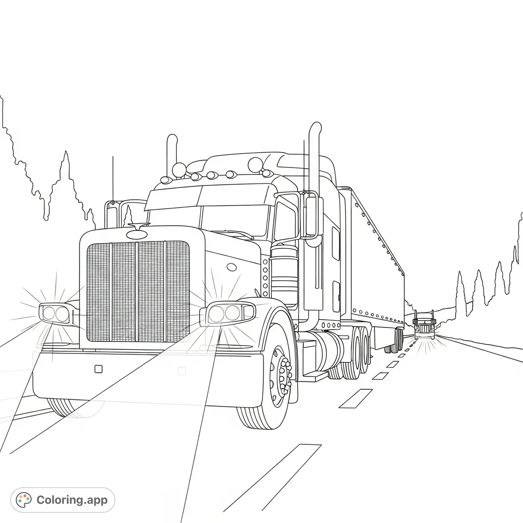 Experience the open road at night with a powerful Peterbilt truck. Its headlights pierce the darkness, illuminating the highway ahead and trailer marker lights.
